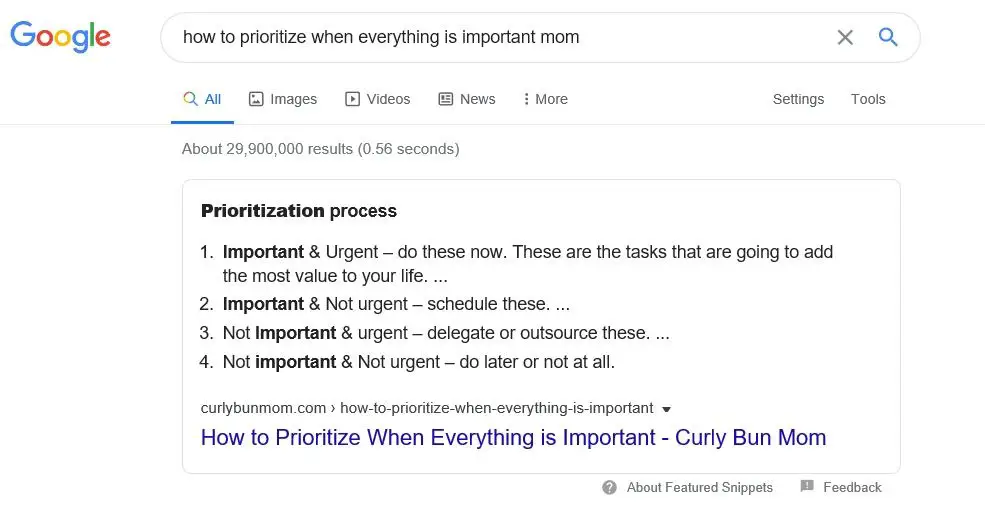 first google snippet - how to prioritize when everything is important mom - curly bun mom