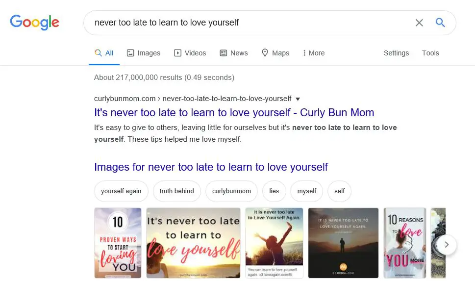#1 google search result for never too late to learn to love yourself - curly bun mom