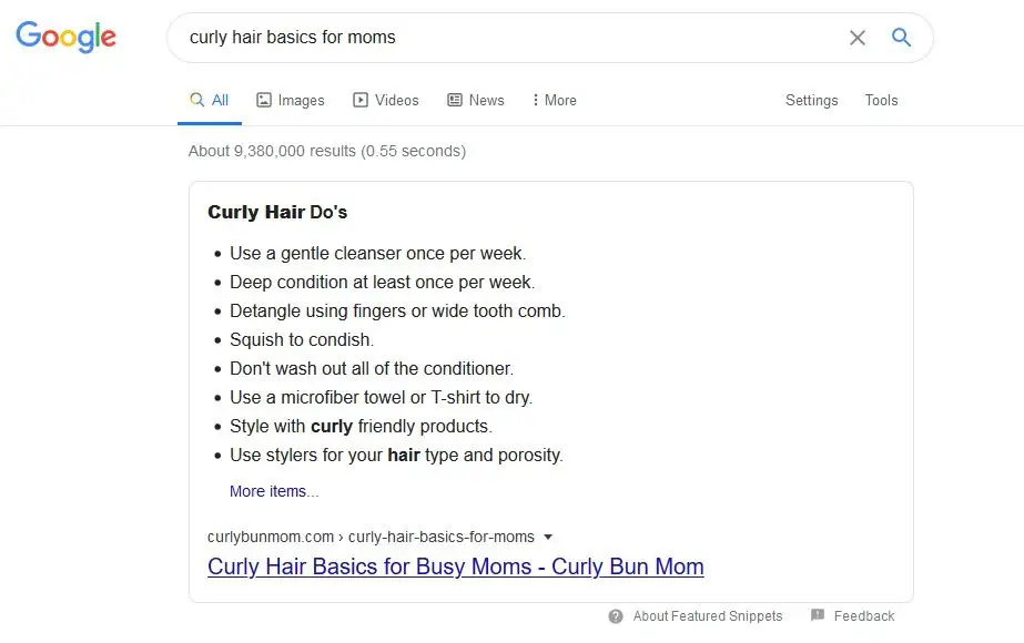 Curly Bun Mom Google Snippet for Curly Hair Basics for Moms